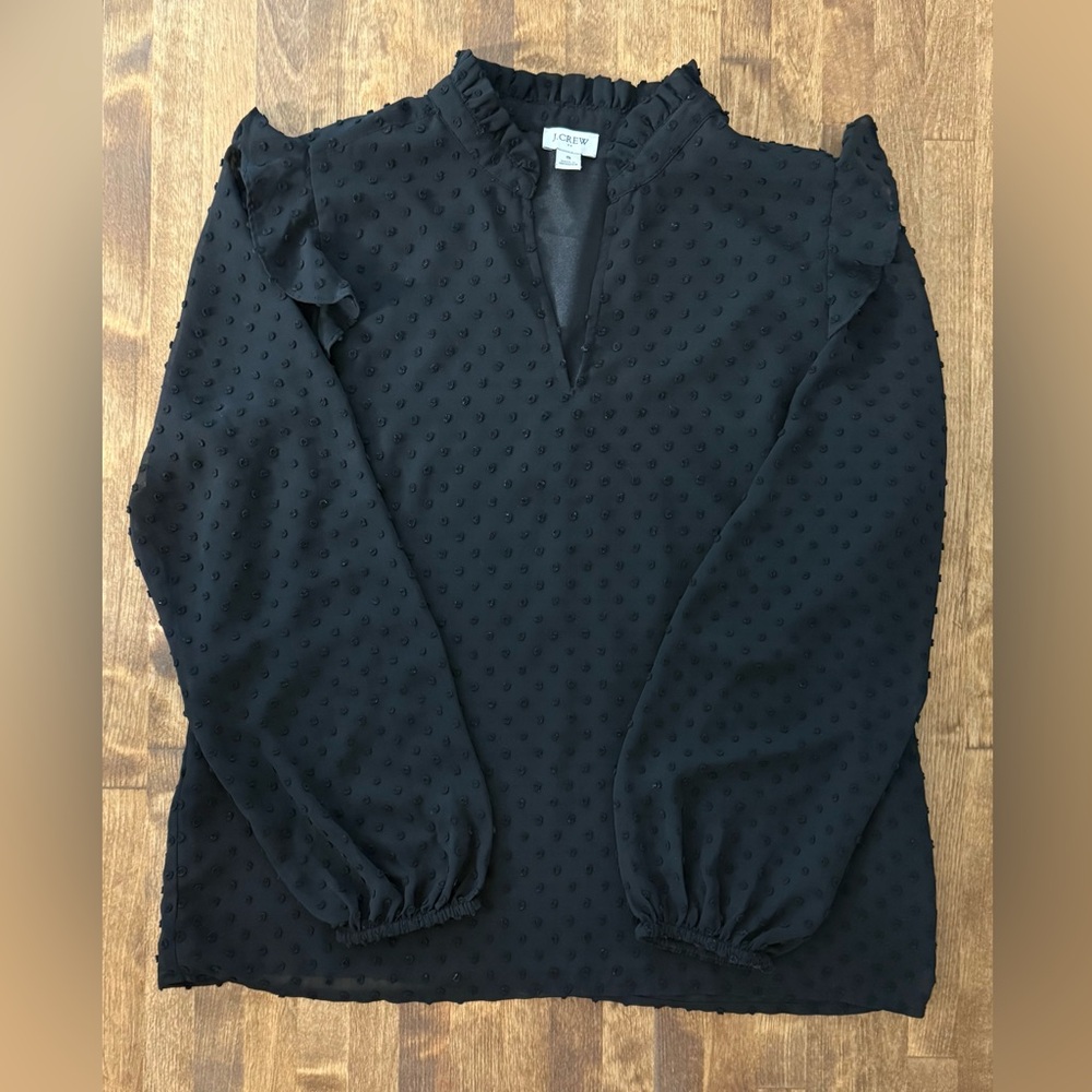 J.Crew Black Swiss Dot Ruffle Trim Blouse – Size Small